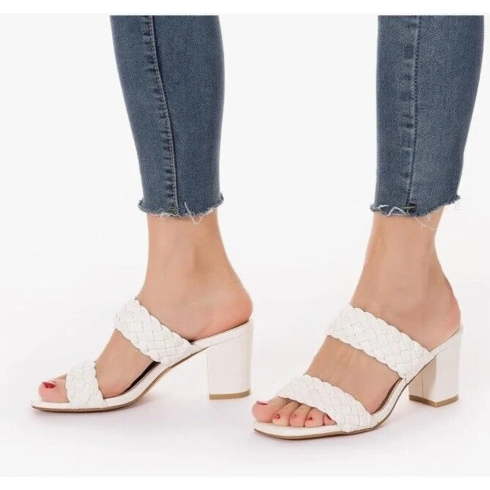 New Women White Braided Heels Sandals Chunky Block Heel Size 10 open toe